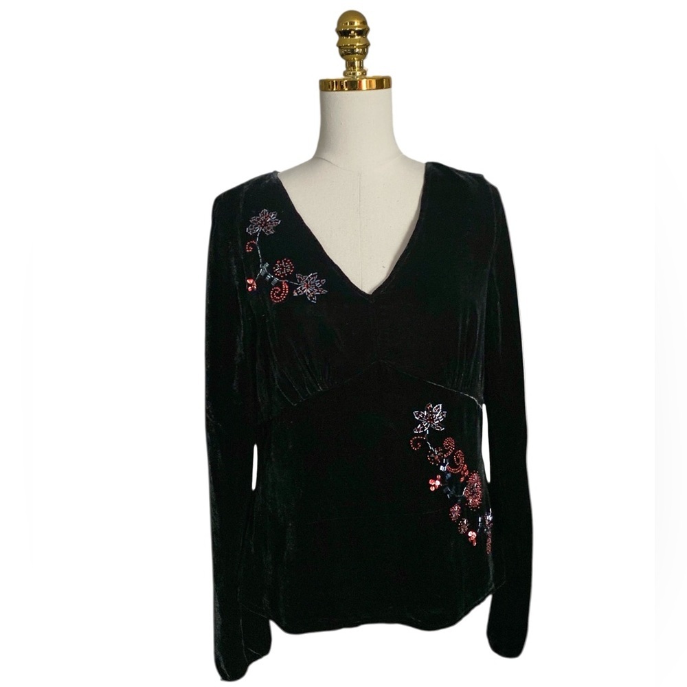 Carole Little Vtg Y2K Black Silk Blend Velvet Babydoll Beads Embellished Top L